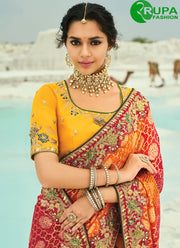 Multi Colour Pure Georgette Classic Saree with Bandhej, Cut Dana, Embroidered, Fancy, Moti and Zari Work